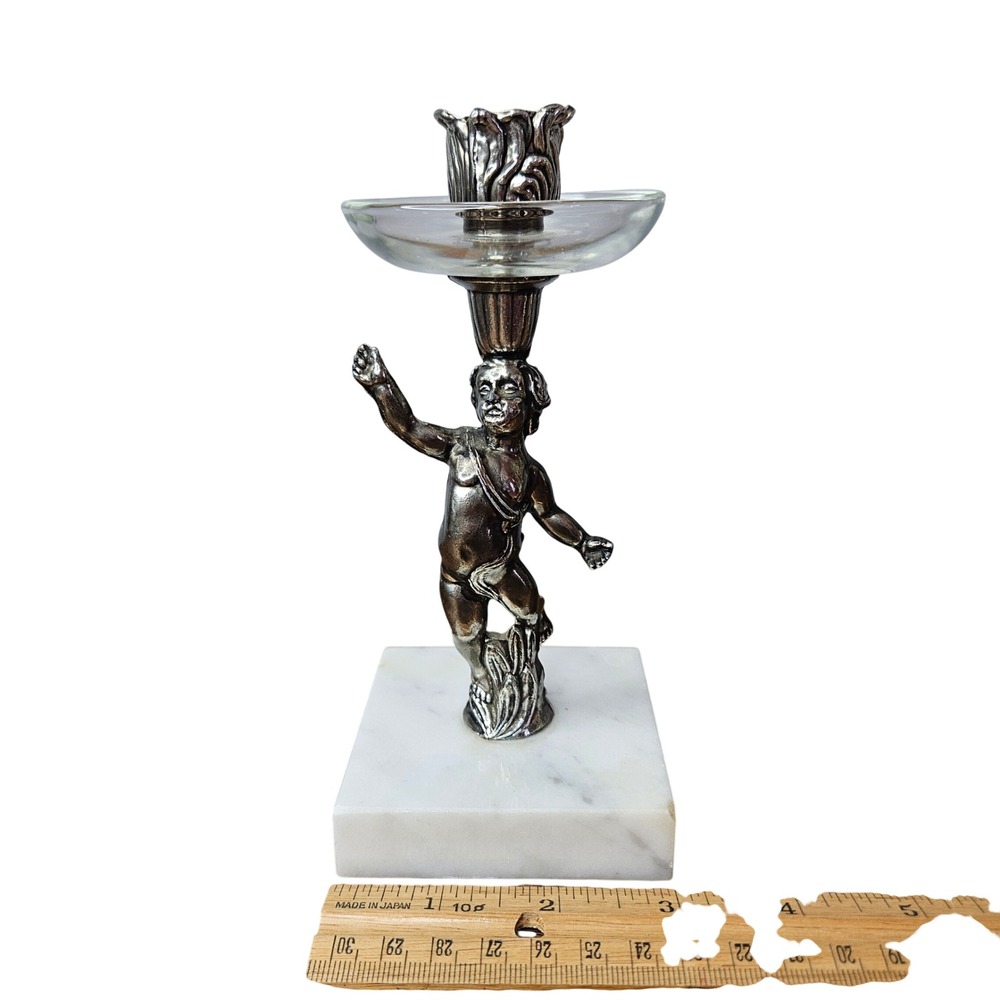 Vintage Cherub Putti Candle Holder Silver Tone Metal Marble Base Glass Bobeche